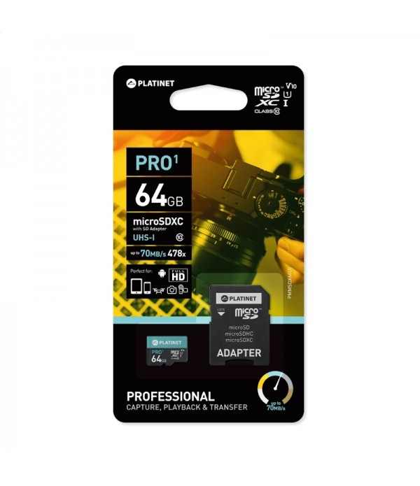 PLATINET microSDXC 64GB SECURE DIGITAL + ADAPTER SD class10 U1 70MB/s [43998]