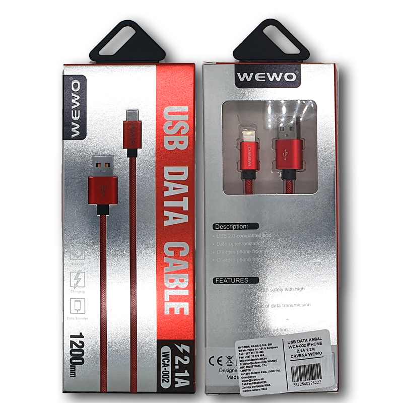 USB DATA KABAL WCA-002 IPHONE 2,1A 1,2M CRVENA WEWO