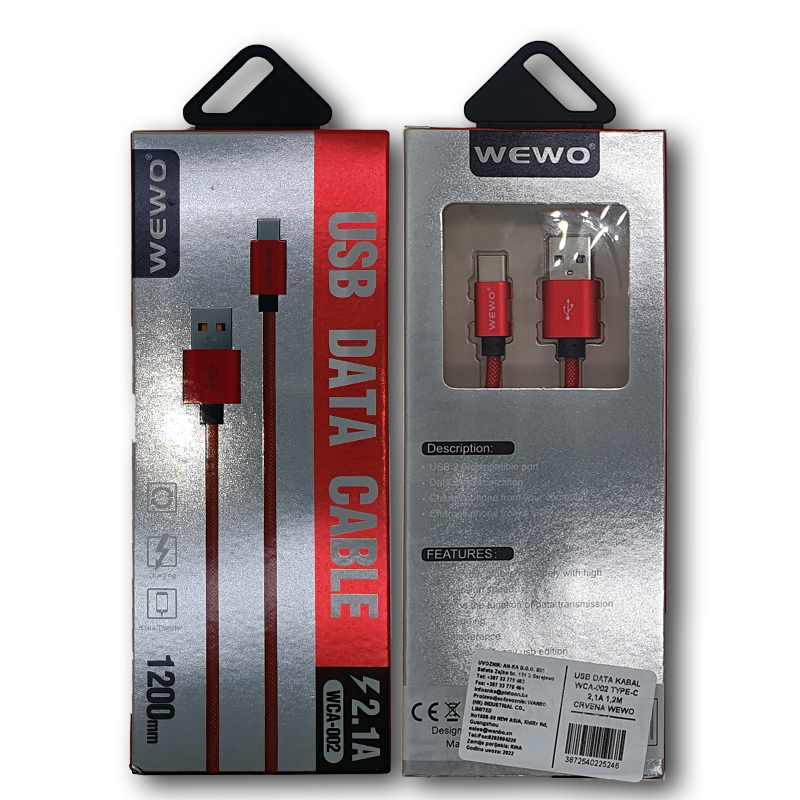 USB DATA KABAL WCA-002 TYPE-C 2,1A 1,2M CRVENA WEWO