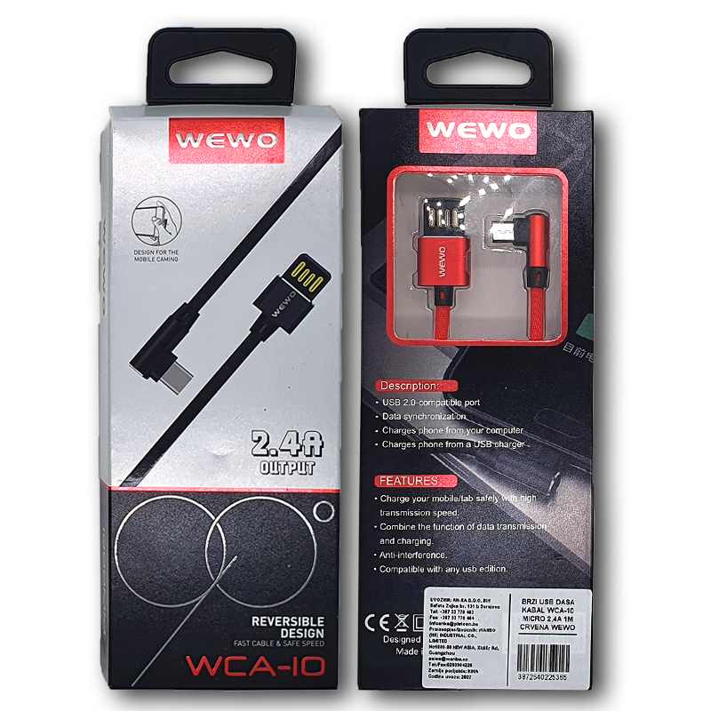BRZI USB DATA KABAL WCA-10 MICRO 2,4A 1M CRVENA WEWO