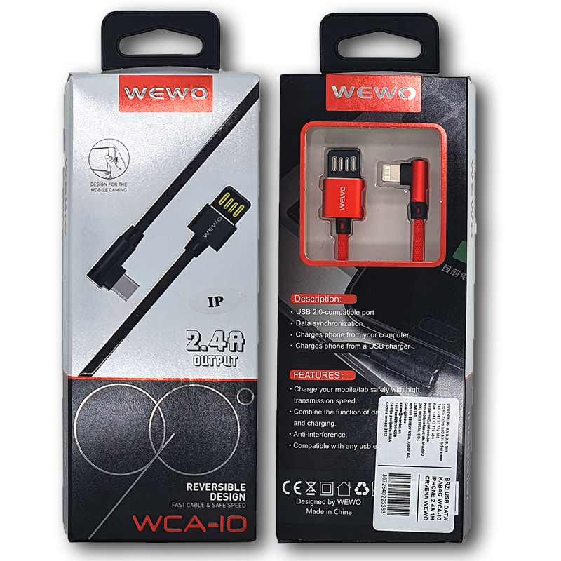 BRZI USB DATA KABAL WCA-10 IPHONE 2,4A 1M CRVENA WEWO