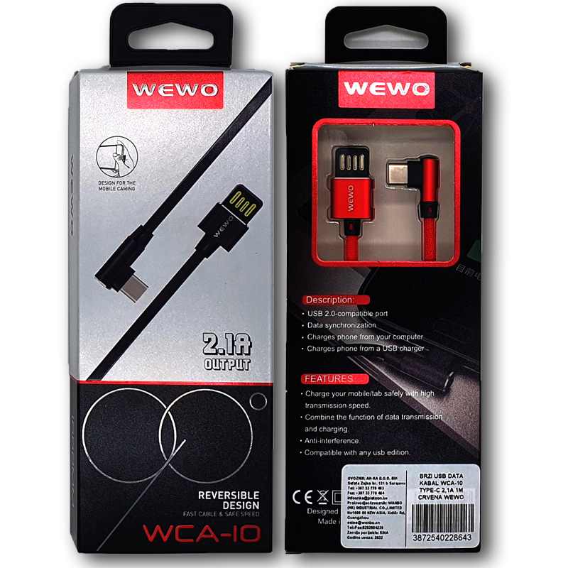 BRZI USB DATA KABAL WCA-10 TYPE-C 2,4A 1M CRVENA WEWO