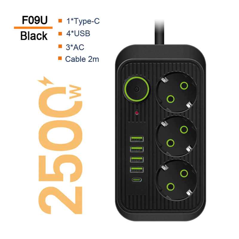 STRUJNA UTICNICA F09U 1PD 4USB 2.1A 2500W CRNA