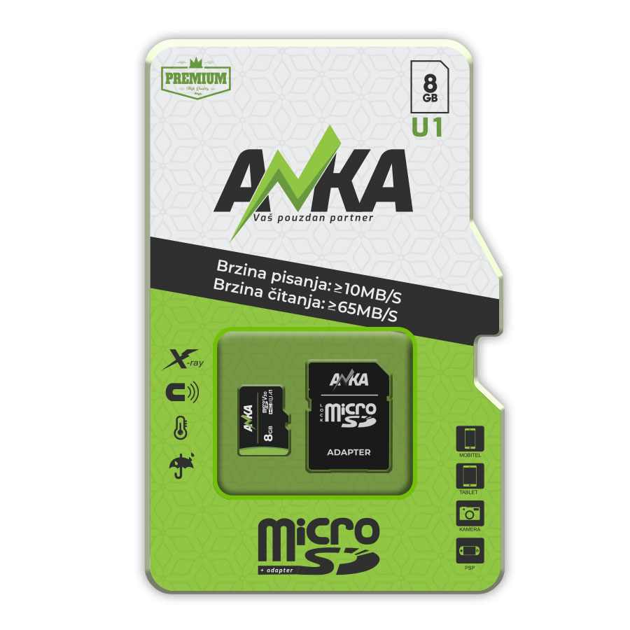 MICRO SD CARD 8GB U1 WS 10MB/S RS 65MB/S ANKA