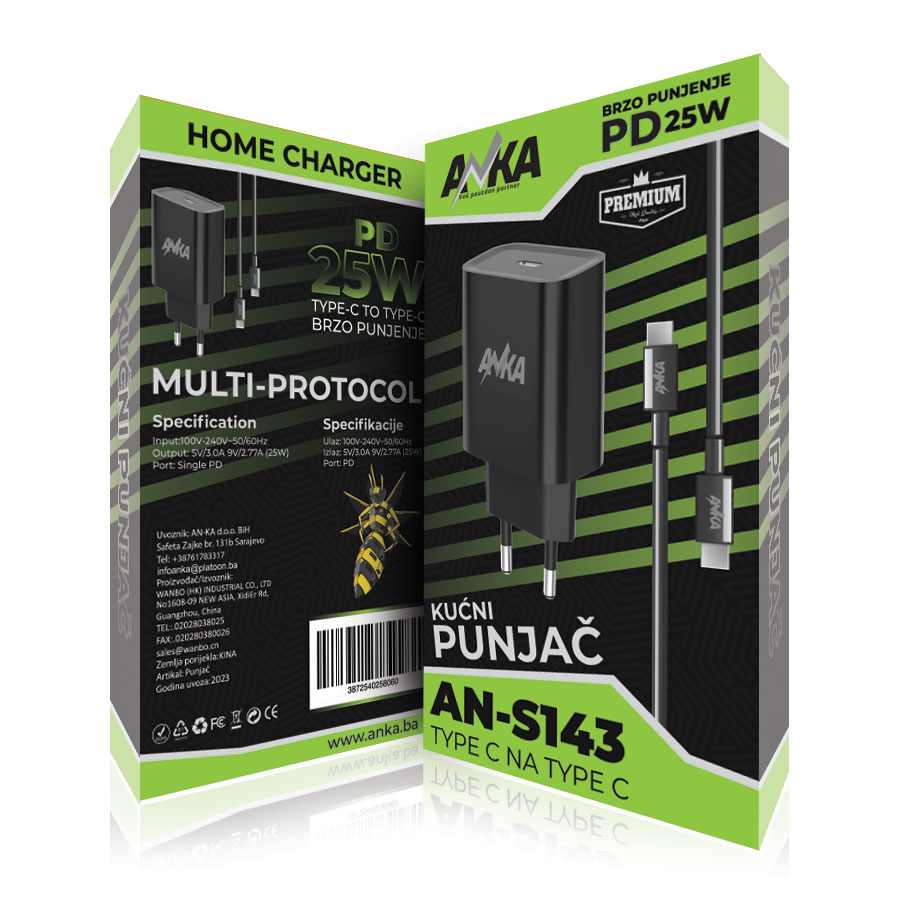 PUNJAC KUCNI AN-S143 PD 25W TYPE-C TO TYPE-C 1 PORT ANKA