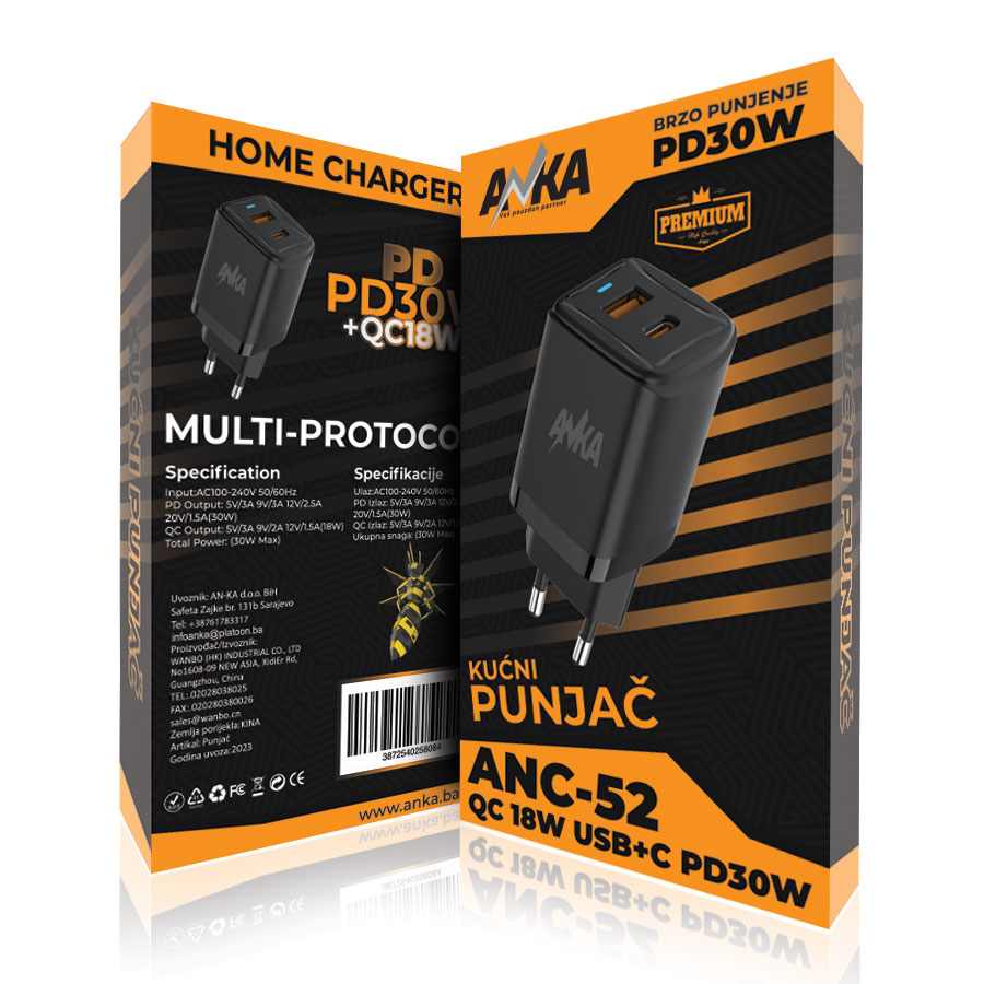 PUNJAC KUCNI ANC-52 USB+C PD 30W 2 PORT ANKA
