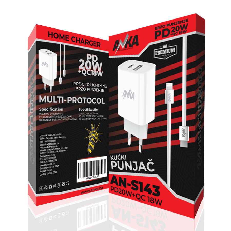 PUNJAC KUCNI AN-S143 PD+QC 20W TYPE-C TO LIGHTNING 2 PORT ANKA
