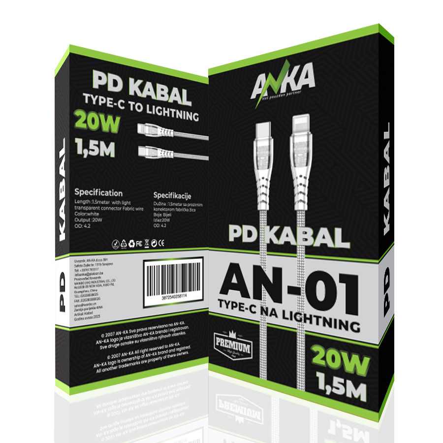 PD KABAL TYPE-C - LIGHTNING AN-01 1,5M BIJELI AN-KA