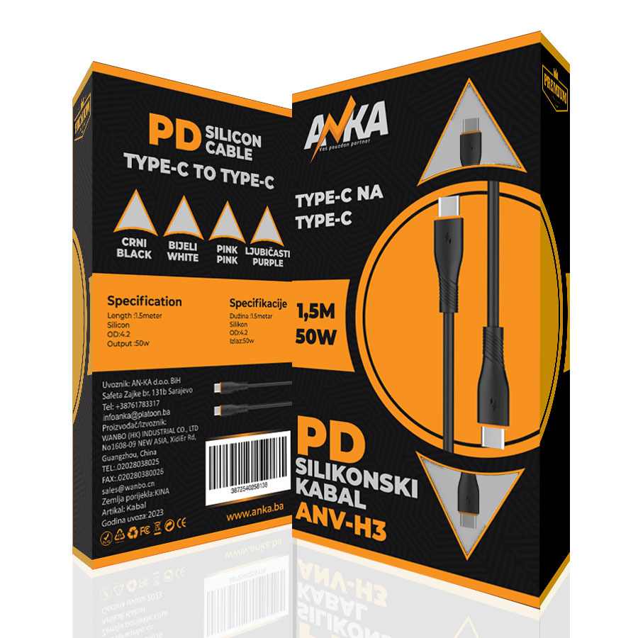 PD SILIKONSKI KABAL TYPE-C NA TYPE-C ANV-H3 1,5M CRNI  AN-KA
