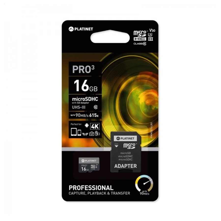 PLATINET microSDHC SECURE DIGITAL + ADAPTER SD 16GB class10 UIII 90MB/s [44001
