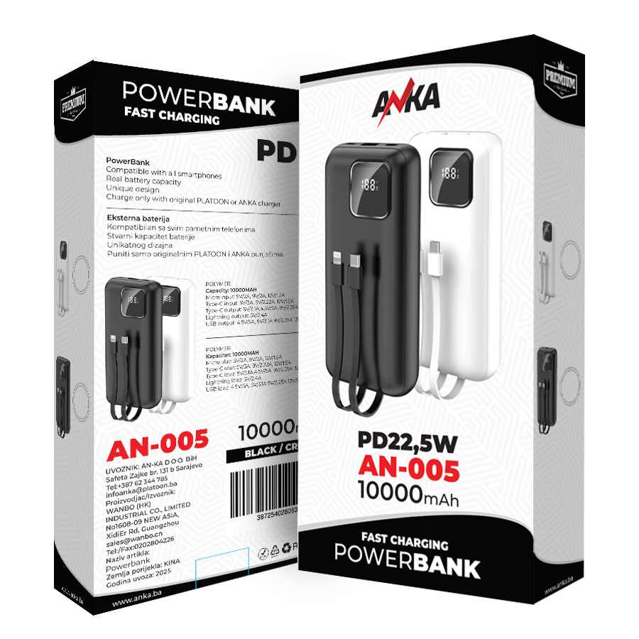 POWERBANK AN-005 10000MAH PD22,5W KABAL 2U1 ANKA BIJELI