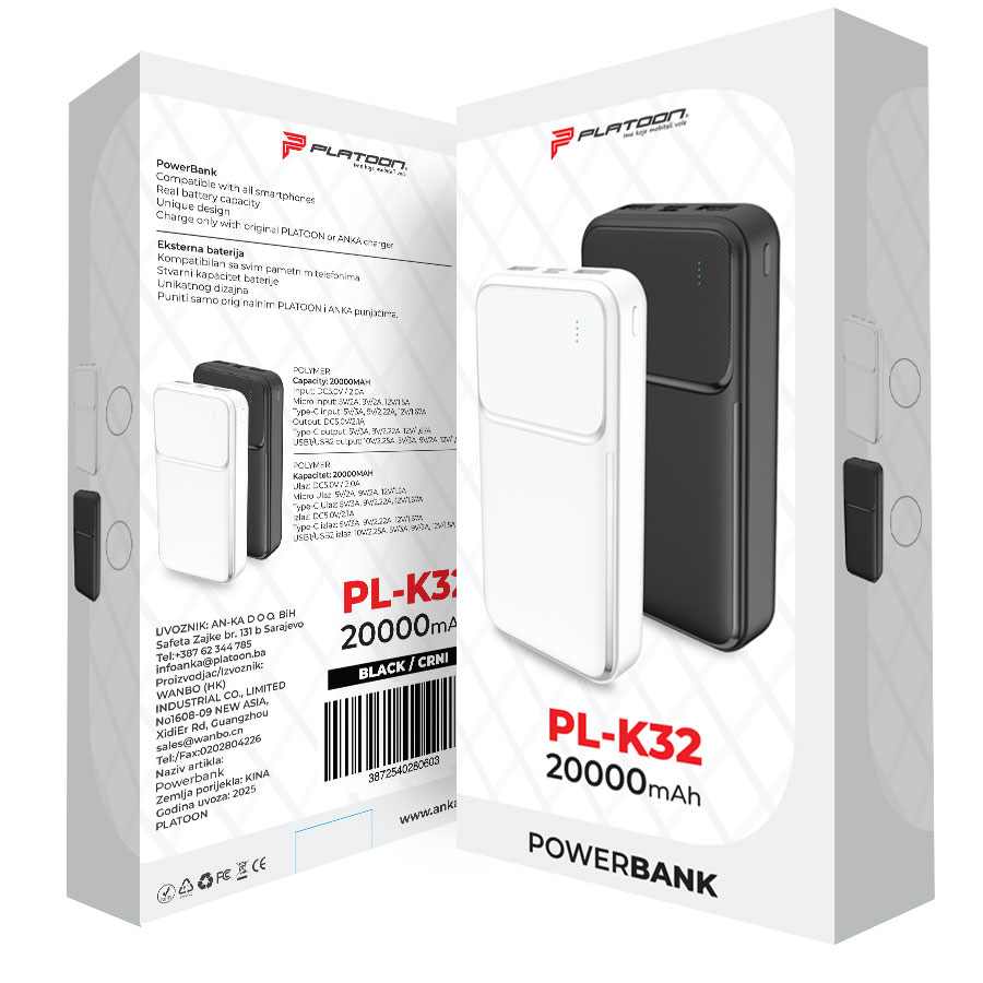 POWERBANK PL-K32 20000MAH PLATOON CRNI